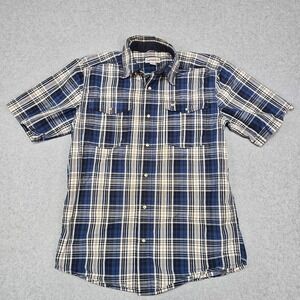 Carhartt Pearl Snap Shirt Mens Medium Blue Yellow Western Workwear Relaxed Fit